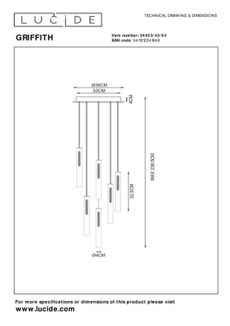 Lucide GRIFFITH - Závesné svietidlo - Ø 38 cm - LED Rozm. - 6x7,6W 2700K/4000K - Bronz